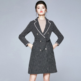 復古西裝領拼接長袖雙排扣格子粗花毛呢長版外套