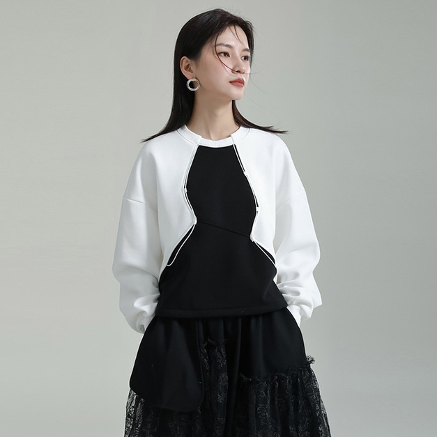 設計感不規則衛衣 寬鬆顯瘦撞色圓領上身