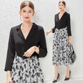 歐洲法式優雅西裝拼印花洋裝職業通勤氣質