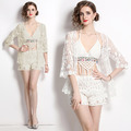 蕾絲流蘇吊墜綁帶吊帶短褲三件式沙灘套裝