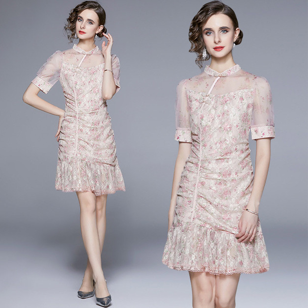 盤扣碎花裙設計感立領釘珠立體抽褶荷葉邊洋裝