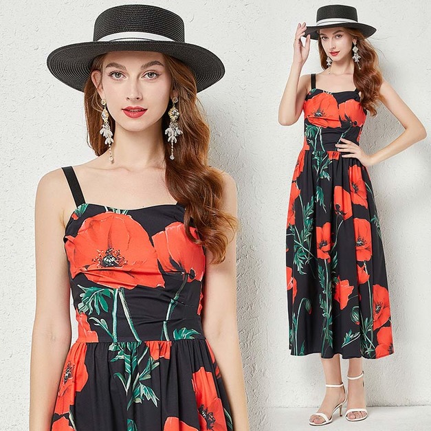 田園茶歇裙 法系修身印花背心裙