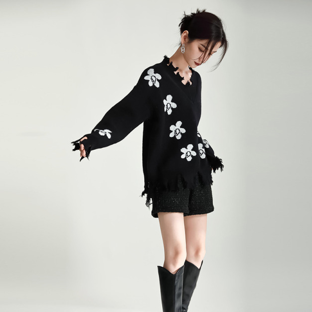 設計感寬鬆破洞流蘇毛邊針織衫套頭毛衣