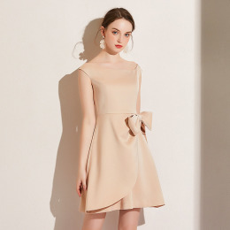 一字領露肩禮服可調節蝴蝶結短袖收腰修身洋裝