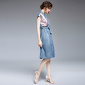 法式翻領連肩袖牛仔拼印花收腰洋裝_1