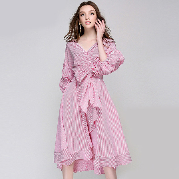 歐美性感V領時尚條紋風繫帶洋裝