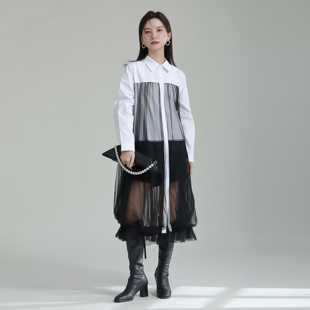 減齡小心機設計感中長版襯衫裙拼接網紗假兩件洋裝