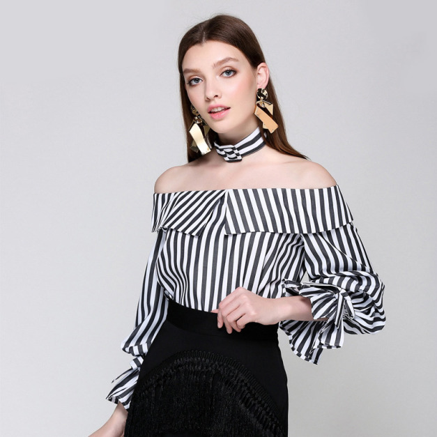 時尚性感露肩一字領上衣修身顯瘦條紋荷葉邊襯衫