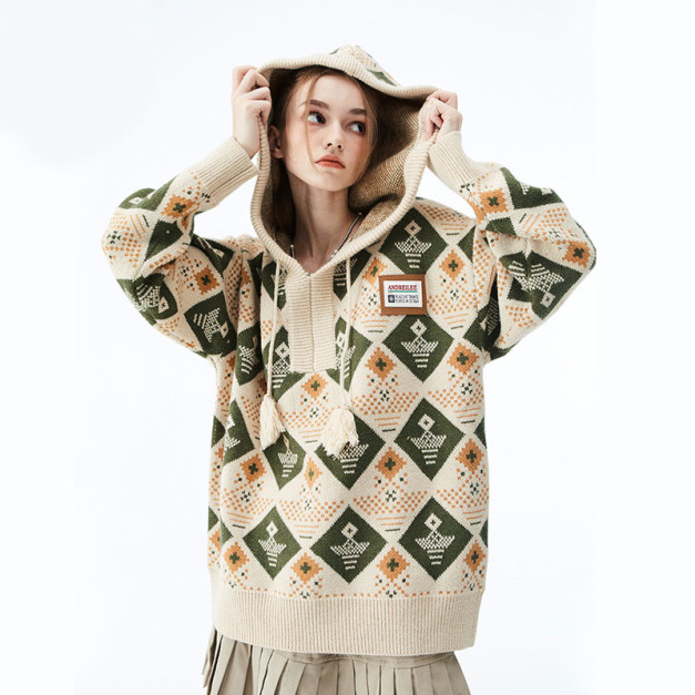 歐美式甜酷連帽中性提花工藝毛衣