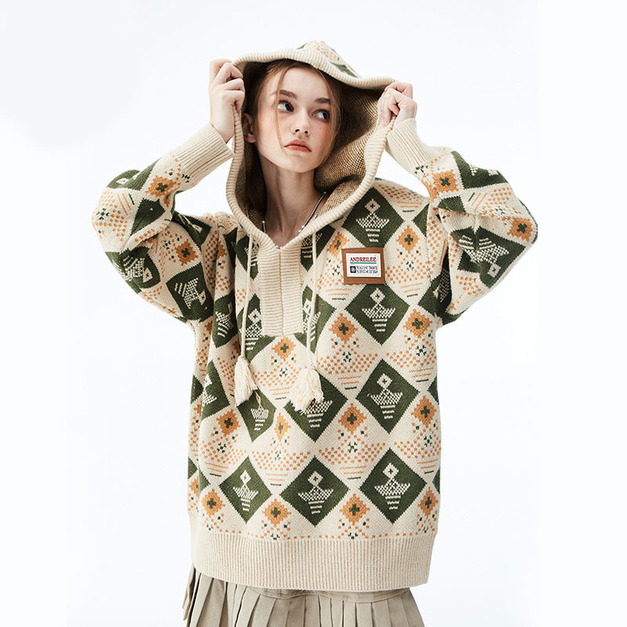 歐美式甜酷連帽中性提花工藝毛衣