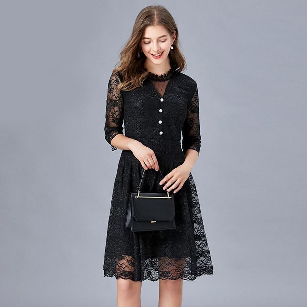 蕾絲洋裝 歐美法式V領鏤空氣質大碼百搭裙