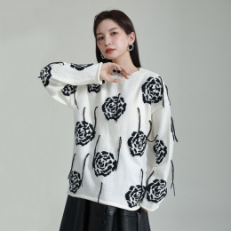 別緻設計感玫瑰流蘇長袖針織毛衣女慵懶復古上身