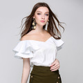 性感V領網紗拼接上身女修身顯瘦荷葉邊短袖襯衫