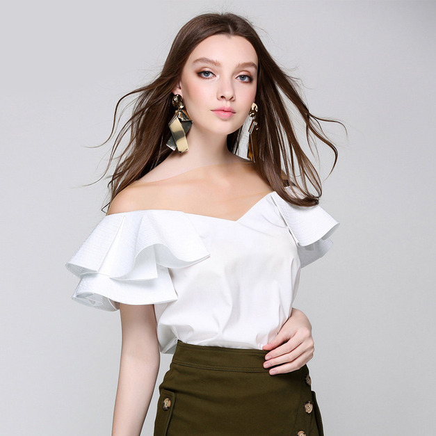 性感V領網紗拼接上身女修身顯瘦荷葉邊短袖襯衫