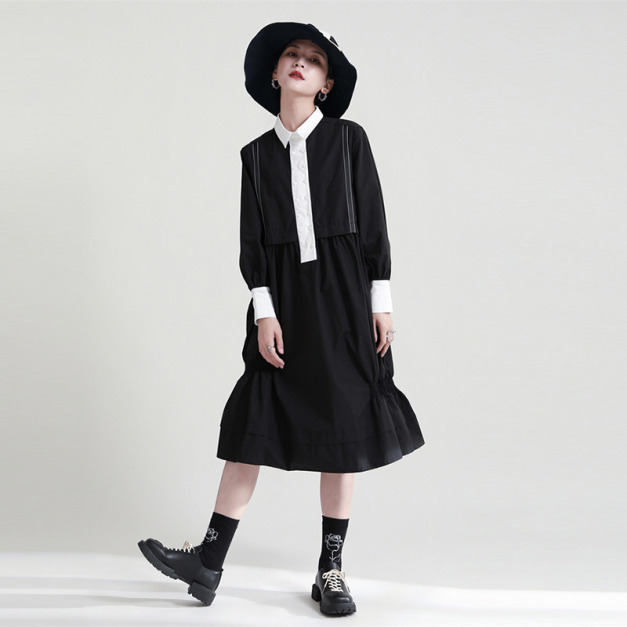設計感時髦簡約撞色寬鬆顯瘦長袖洋裝