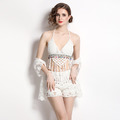 蕾絲流蘇吊墜綁帶吊帶短褲三件式沙灘套裝_1