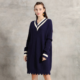 歐美針織裙 復古撞色拼接大碼洋裝