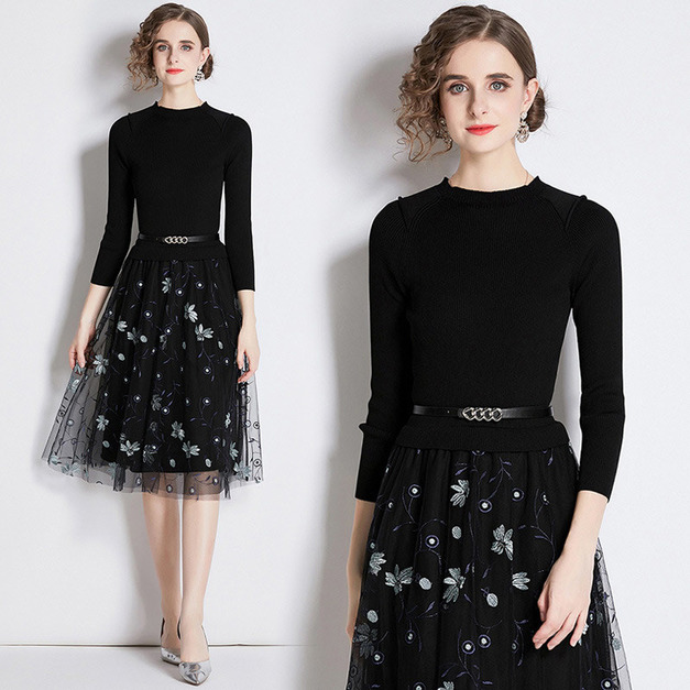 刺繡網紗拼接針織法式溫柔風裙子洋裝