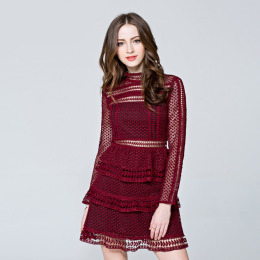 歐美長袖小立領性感蕾絲鏤空蛋糕洋裝（有抹胸式襯裡）