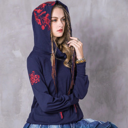 連帽刺繡上衣波西米亞大碼純棉長袖T恤