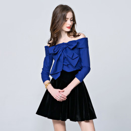 歐美時尚一字領上衣性感露肩蝴蝶結OL襯衫