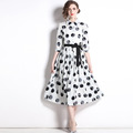 復古點點波裙減齡氣質繫帶收腰中長版洋裝