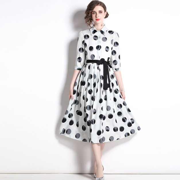 復古點點波裙減齡氣質繫帶收腰中長版洋裝