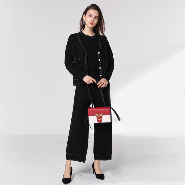 套裝闊腿褲長袖休閒外套三件式褲子小香風毛衣