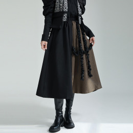 暗黑風小眾設計撞色半身裙 鬆緊腰a字大擺裙子