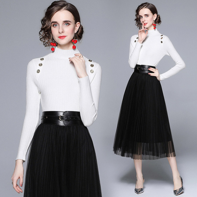 法式修身針織打底衫+網紗高腰顯瘦大擺中長裙