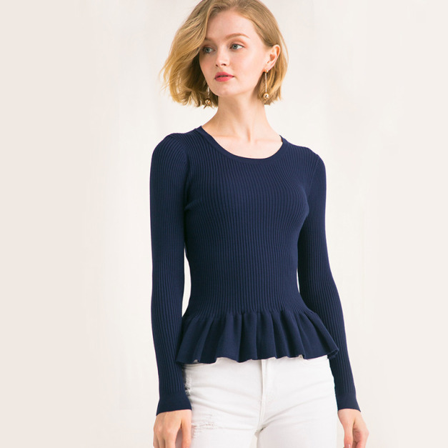 歐美褶邊下擺素色修身長袖圓領套頭針織衫