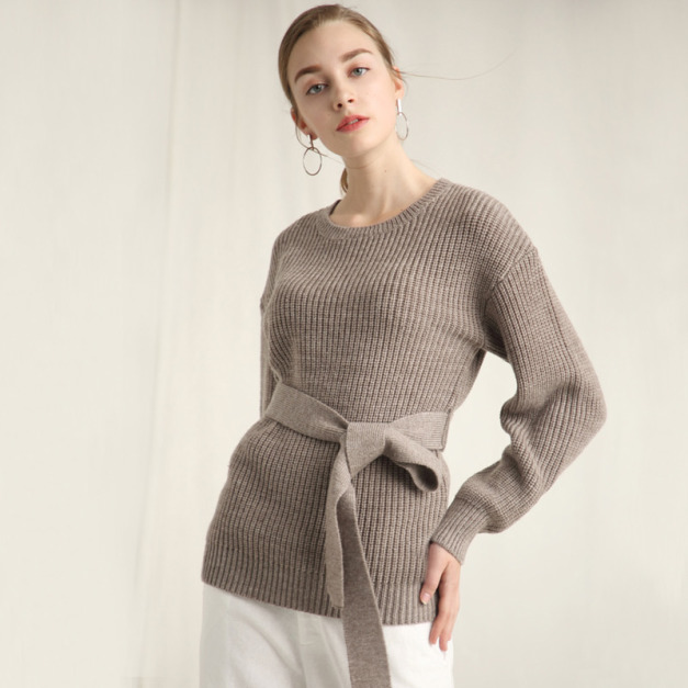 套頭上身針珠地紋路清晰顯質感腰綁帶圓領針織衫