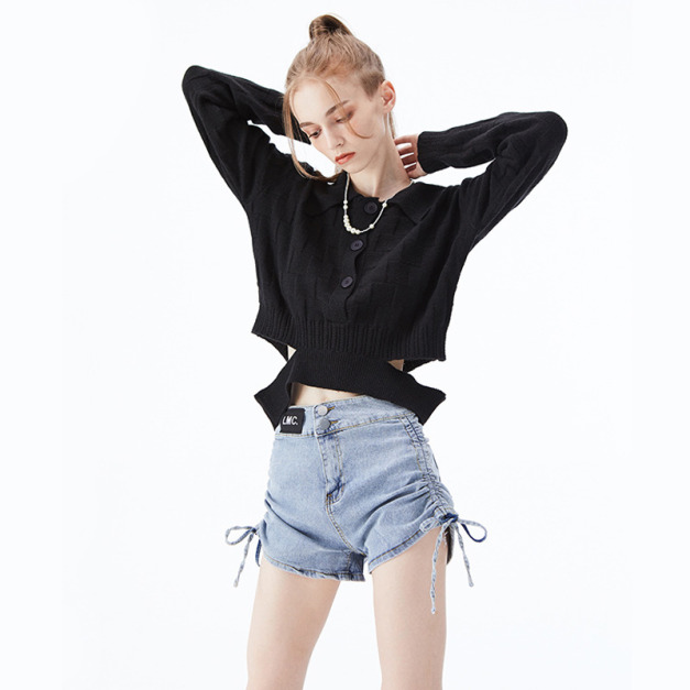 歐美翻領基地紋理格紋風針織衫毛衣