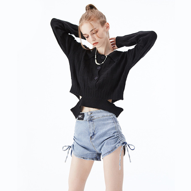 歐美翻領基地紋理格紋風針織衫毛衣