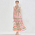 歐美風長版飄逸長裙 無袖個性條紋鬆緊腰大碼洋裝