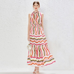 歐美風長版飄逸長裙 無袖個性條紋鬆緊腰大碼洋裝