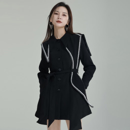 設計感撞色短版洋裝 小眾黑色重工裙子