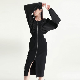 設計師款高奢拉鍊開叉過膝長裙拼接薄版長袖洋裝