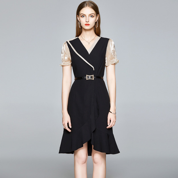 設計師版知性V領撞色拼接泡泡短袖荷葉時尚裙子