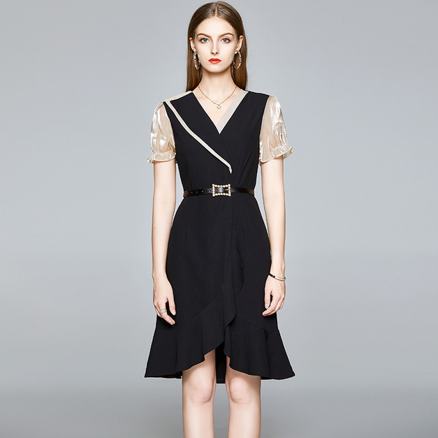 設計師版知性V領撞色拼接泡泡短袖荷葉時尚裙子