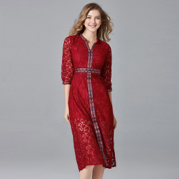 大碼V領蕾絲洋裝波西米亞復古鬆緊腰百搭裙