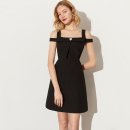 宴會小禮服名媛氣質閃鑽愛心甜美蝴蝶結方領無袖小黑裙