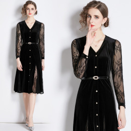 氣質名媛顯瘦繫帶單排扣蕾絲拼接V領絲絨洋裝