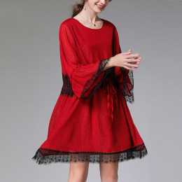 歐美大碼寬鬆遮肉蕾絲拼接閃光雪紡洋裝