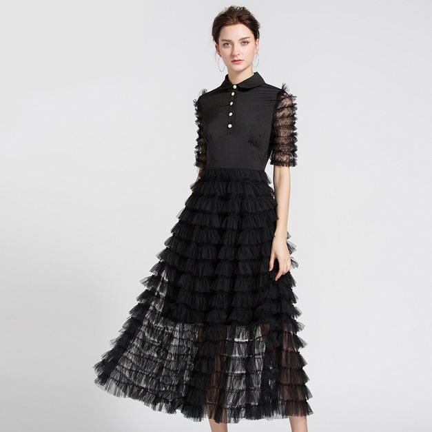 拼接仙女裙娃娃領短袖長版網紗公主蛋糕裙大擺洋裝