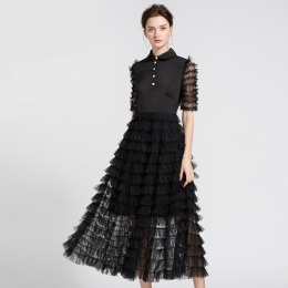 拼接仙女裙娃娃領短袖長版網紗公主蛋糕裙大擺洋裝