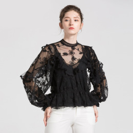 性感長袖襯衫氣質透視網紗刺繡燈籠袖假兩件式（吊帶可拆卸）