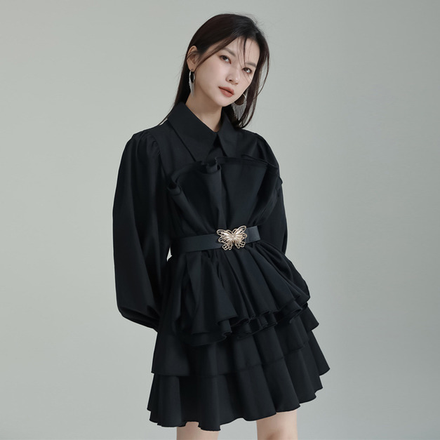 小眾設計荷葉邊燈籠袖腰帶蛋糕洋裝 a字短裙女