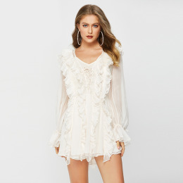 荷葉邊收腰顯瘦V領綁帶性感收腰超仙甜美洋裝