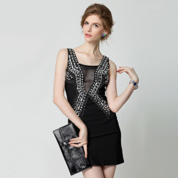 鑲鑽性感歐美女裝修身包臀透視洋裝